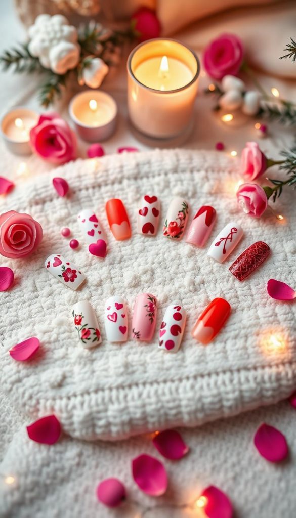 A beautifully arranged flat lay of ten stylish nail designs representing romantic Valentine's Day themes for 2026, showcasing a vibrant mix of colors and patterns. Each nail design features unique elements, such as hearts, florals, and geometric shapes, all harmoniously combined to reflect the "Mix & Match" concept. The foreground displays the nails prominently on a soft, textured surface adorned with scattered rose petals and fairy lights, adding warmth and charm. In the background, a cozy winter setting with softly blurred candles creates a romantic atmosphere. The lighting is warm and inviting, emphasizing the intricate details of each nail design. The image captures an authentic, Pinterest-worthy aesthetic, reflecting the creativity and inspiration from KlickKiste. A beautifully arranged flat lay of ten stylish nail designs representing romantic Valentine's Day themes for 2026, showcasing a vibrant mix of colors and patterns. Each nail design features unique elements, such as hearts, florals, and geometric shapes, all harmoniously combined to reflect the "Mix & Match" concept. The foreground displays the nails prominently on a soft, textured surface adorned with scattered rose petals and fairy lights, adding warmth and charm. In the background, a cozy winter setting with softly blurred candles creates a romantic atmosphere. The lighting is warm and inviting, emphasizing the intricate details of each nail design. The image captures an authentic, Pinterest-worthy aesthetic, reflecting the creativity and inspiration from KlickKiste.