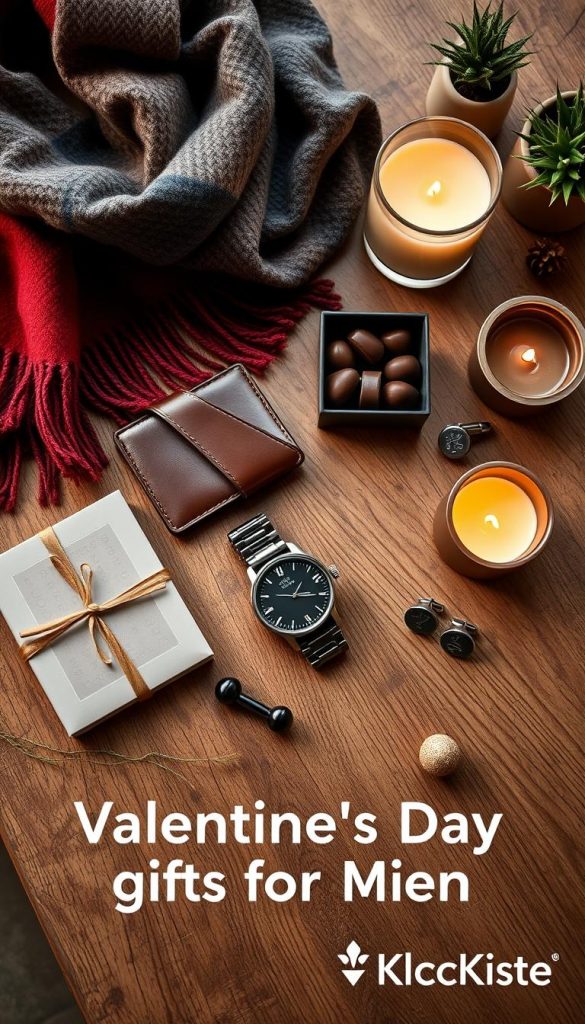 A beautifully arranged flat lay of thoughtful Valentine's Day gifts for men, showcasing various items like a stylish leather wallet, a sleek watch, gourmet chocolates, and personalized cufflinks. The gifts are placed on a rustic wooden table adorned with decorative elements such as a warm wool scarf and a fragrant candle, evoking cozy winter vibes. The scene is softly lit with warm, natural lighting, creating an inviting atmosphere. A hint of greenery from a small potted plant adds freshness. The angle is slightly tilted downward, emphasizing the intimate and personal nature of the gifts. The overall mood is authentic, inspiring, and warm, reminiscent of Pinterest aesthetics. Include a subtle brand logo of "KlickKiste" in the corner for branding.