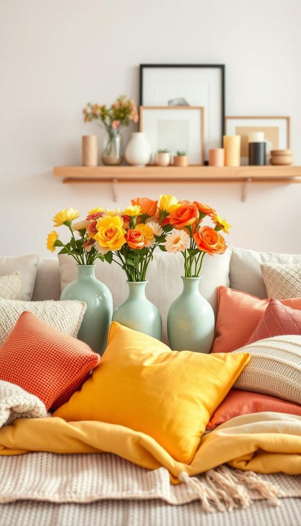 A beautifully arranged flat lay of various home accessories showcasing vibrant spring colors for a living room. In the foreground, include an assortment of textured fabrics, such as pillows and throws, in shades of soft mint green, sunny yellow, and coral. The middle layer features elegant ceramic vases filled with fresh flowers, echoing the color scheme. In the background, a softly lit wooden shelf displays a curated selection of decor items like candles and framed art in complementary tones. The lighting is warm and inviting, reminiscent of a spring afternoon, enhancing the cozy atmosphere. Capture this scene with a slightly overhead angle, evoking a natural, DIY aesthetic that aligns with the brand KlickKiste, inspiring readers to create their ideal seasonal look for their living spaces.