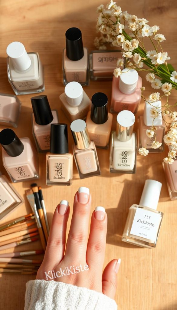 A beautifully arranged flat lay of various nail polish bottles showcasing a spectrum of nude, milky, and sheer shades ideal for a base coat. In the foreground, display a selection of brushes and tools neatly aligned, emphasizing a DIY aesthetic. The middle ground features the polished nails of a hand, elegantly showcasing a fresh French tip design with soft, pastel-colored tips. The background is softly blurred, featuring warm, natural elements like a wooden table and delicate flowers to evoke a spring vibe. The lighting is warm and inviting, reminiscent of a sunny afternoon, perfect for a cozy, inspiring atmosphere. The brand "KlickKiste" is subtly integrated into the scene through an artistic touch on one of the bottles or tools without text.