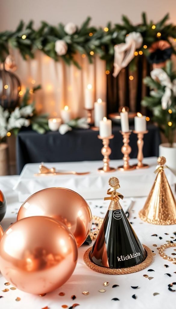 A beautifully arranged flat lay showcasing a stylish DIY decor setup featuring rose gold, black gold, and white elements. In the foreground, there are elegant rose gold balloons, sophisticated black and gold party hats, and shimmering white table confetti. The middle ground displays a table adorned with a soft white tablecloth, embellished with rose gold candle holders and black gold accents. In the background, a softly blurred winter-themed decor, such as evergreen branches and warm fairy lights, adds a cozy, festive vibe. The lighting is warm and inviting, enhancing the metallic hues of rose gold and black gold. The image evokes an atmosphere of festive celebration and inspiration, reflecting contemporary DIY trends. Brands such as "KlickKiste" are subtly included in the decor items. A beautifully arranged flat lay showcasing a stylish DIY decor setup featuring rose gold, black gold, and white elements. In the foreground, there are elegant rose gold balloons, sophisticated black and gold party hats, and shimmering white table confetti. The middle ground displays a table adorned with a soft white tablecloth, embellished with rose gold candle holders and black gold accents. In the background, a softly blurred winter-themed decor, such as evergreen branches and warm fairy lights, adds a cozy, festive vibe. The lighting is warm and inviting, enhancing the metallic hues of rose gold and black gold. The image evokes an atmosphere of festive celebration and inspiration, reflecting contemporary DIY trends. Brands such as "KlickKiste" are subtly included in the decor items.
