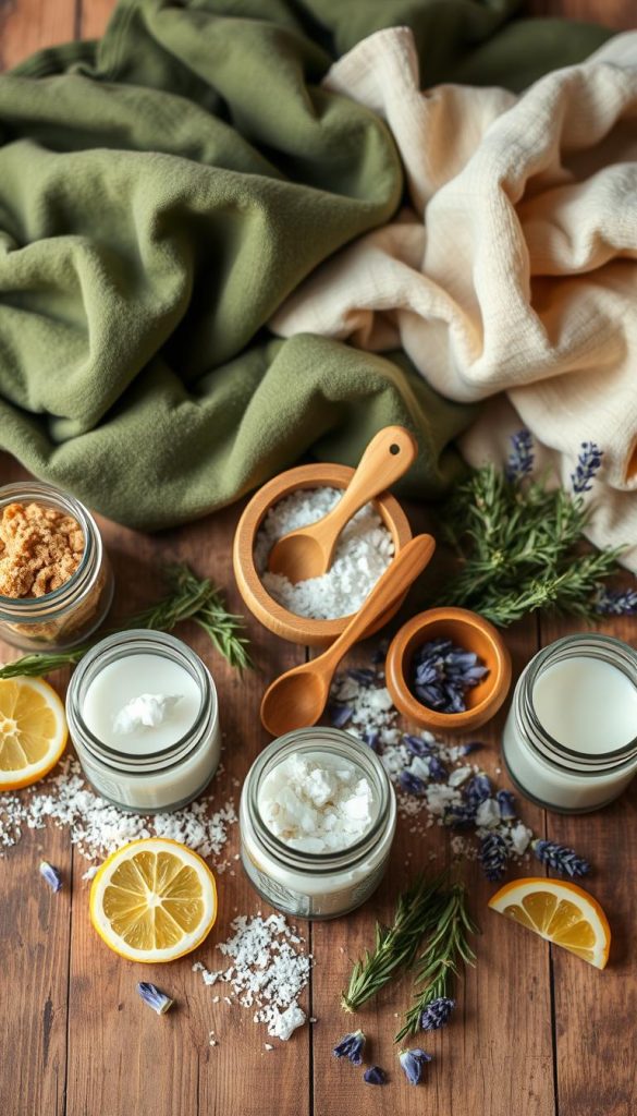 A beautifully arranged flat lay showcasing a variety of DIY scrub ingredients. In the foreground, a rustic wooden table holds jars filled with natural ingredients like brown sugar, coarse sea salt, and coconut oil. Surrounding the jars are fresh ingredients like lemon slices, aromatic herbs such as rosemary, and a sprinkle of lavender petals for a soothing touch. In the middle, a small wooden spoon and a few wooden bowls are artistically placed, hinting at their use for mixing. The background features soft, textured fabrics in warm winter colors like deep green and cream, draping gently. The warm lighting casts a cozy glow, enhancing the inviting atmosphere. This scene captures a Pinterest-ready aesthetic, perfect for promoting natural skincare recipes by KlickKiste.