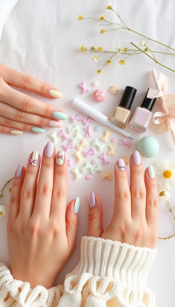 A beautifully arranged flat lay showcasing a variety of elegant pastel nail designs inspired by Easter brunch. The foreground features hands with well-manicured nails in shades of soft mint, blush pink, lavender, and pale yellow, adorned with playful spots and stripes, delicate bows, and whimsical rainbow ribbons. In the middle, an assortment of nail tools and art supplies is artfully scattered, including tiny bow-shaped stickers and colorful nail polishes. The background is gently blurred, featuring a cozy, bright atmosphere with soft, warm lighting that creates an inviting and inspiring mood. Subtle natural elements, such as small flowers or greenery, are lightly incorporated to enhance the DIY aesthetic. Include the brand name "KlickKiste" in an elegant, non-intrusive way, ensuring the image remains clean and focused.