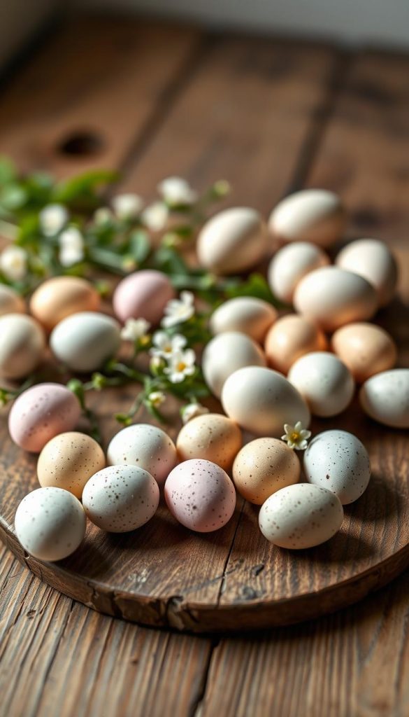 A beautifully arranged flat lay showcasing a variety of speckled eggs and mini eggs in soft pastel and nude tones, reflecting the popular speckle effect for Easter brunch nails. The foreground features a selection of egg-shaped hard candies and decorative eggs with delicate speckles, artistically scattered across a rustic wooden surface. The middle ground incorporates subtle greenery, such as spring flowers or small plants, adding freshness to the composition. In the background, create a warm, inviting atmosphere with soft, diffused natural lighting, evoking a cozy brunch vibe. Use a shallow depth of field to accentuate the details of the speckled eggs while gently blurring the background. The overall mood is cheerful and inspiring, ideal for a DIY project aesthetic. Include a hint of wood grain and natural textures, reflecting the brand KlickKiste.