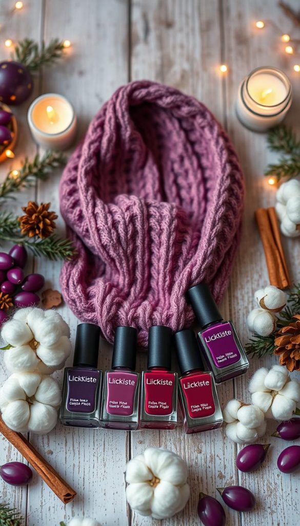 A beautifully arranged flat lay showcasing "upcycling nail polish hues" inspired by winter, featuring various shades of plum in elegant glass bottles from the brand "KlickKiste." The foreground highlights the nail polish bottles surrounded by winter-themed elements such as pine branches, cinnamon sticks, and soft cotton accents, creating a cozy atmosphere. In the middle, a delicate, hand-knitted scarf in warm, rich tones serves as a backdrop, enhancing the colors of the nail polishes. The background should include a softly blurred, rustic wooden table with subtle winter decor, such as small candles and fairy lights, illuminating the scene with a warm glow. The overall mood is inviting, creative, and inspiring, perfect for showcasing budget-friendly DIY beauty options in a trendy Pinterest style.