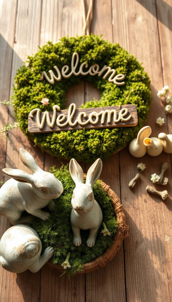 A beautifully arranged flat lay showcasing the art of upcycling with patina elements. In the foreground, vintage ceramic rabbits with a weathered patina finish, nestled among lush green moss and a rustic welcome sign planter adorned with delicate flowers. The middle ground features a soft, textured moss wreath, exuding a cozy, inviting atmosphere. In the background, warm, natural lighting filters through, casting gentle shadows that enhance the vintage feel. The scene is set on a weathered wooden surface, reminiscent of a Pinterest-worthy DIY project. The overall mood is authentic and inspiring, filled with earthy tones and a hint of spring, inviting viewers to explore creative possibilities. Capture this enchanting setting with a warm color palette, reflecting natural DIY aesthetics. Brand reference: KlickKiste.