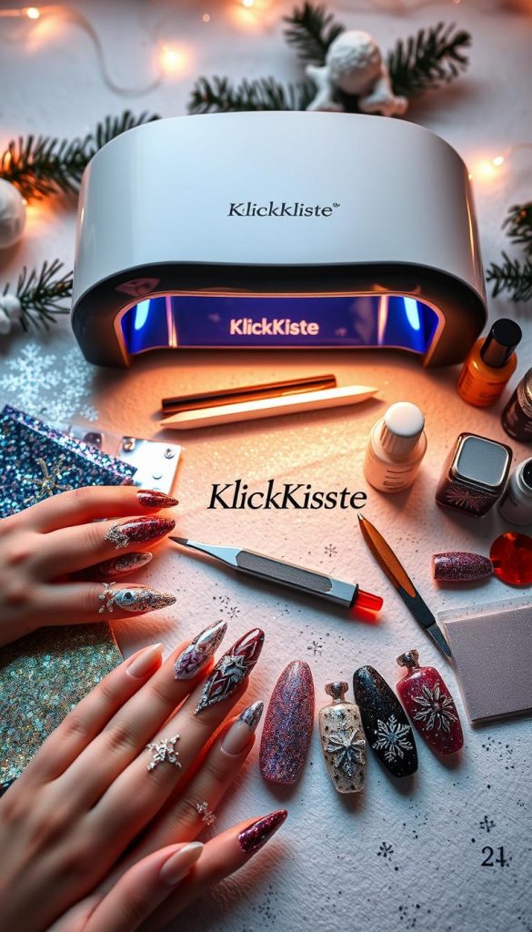 A beautifully arranged flat lay showcasing the theme of "UV nail foils durability" for a winter-inspired nail art article. In the foreground, elegant, sparkly UV nail foils in various colors and patterns, some partially applied to elegant fingernails adorned with intricate designs. In the middle, a professional-grade UV lamp softly illuminating the foils, with scattered tools like a nail file, cuticle pusher, and bottles of sealant in warm hues. The background features a soft-focus winter-themed setting with evergreens and subtle glitter. The lighting is warm and inviting, reminiscent of cozy holiday vibes. Include the brand "KlickKiste" stylishly among the items for an authentic look that captures DIY creativity and inspiration.