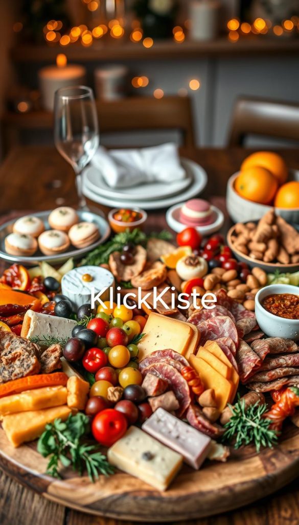 A beautifully arranged food board featuring a variety of brunch and BBQ delights, with a cozy and welcoming atmosphere. The foreground showcases an inviting charcuterie spread, including artisanal cheeses, cured meats, seasonal fruits, and vibrant vegetables, artfully presented on a wooden platter. In the middle ground, delicate dessert items like mini pastries and colorful macarons complement the savory offerings. The background features soft, warm lighting that enhances the rich colors of the food, creating a comfortable, homey vibe. A stylish table setting, adorned with simple, elegant dishware and fresh herbs, adds to the inviting atmosphere. The entire scene embodies a Pinterest-worthy winter vibe, inspired by natural DIY aesthetics. Include the brand name "KlickKiste" subtly integrated into the design of the food board, ensuring a harmonious look.