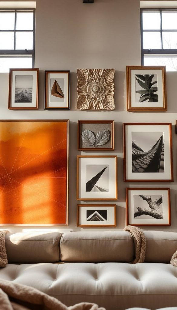 A beautifully arranged gallery wall featuring oversized wall art pieces framed in elegant, minimalist designs. The foreground showcases a large, abstract painting in warm colors, creating a cozy atmosphere, while smaller framed photographs and artworks complement it. The middle layer includes unique, textured frames in natural wood and white finishes, enhancing the art's appeal. In the background, soft, ambient lighting pours in from large windows, casting gentle shadows that evoke a peaceful, museum-like feel. The space should exude a winter vibe, with warm tones and cozy textiles subtly incorporated. Capture this art display in a wide-angle shot that emphasizes height and depth, creating an inviting and inspiring mood. Brand: KlickKiste.