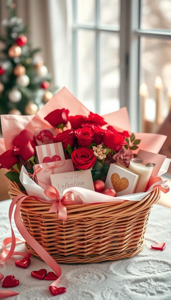 A beautifully arranged gift basket for Valentine's Day, showcasing a variety of themed items with a warm, inviting atmosphere. In the foreground, focus on an elegantly styled wicker basket filled with vibrant red roses, heart-shaped chocolates, and delicate candles. Layer in soft tissue paper in shades of pink and gold for added texture. The middle ground should include smaller decorative elements like ribbons and handcrafted cards nestled amongst the gifts. In the background, a softly blurred setting emulating a cozy winter day, with natural light filtering through a window, casting gentle shadows. Capture the essence of a Pinterest-inspired DIY aesthetic that is both authentic and inspiring. The scene represents a heartfelt expression of love, perfect for showcasing the art of creating a stunning Valentine’s Day gift basket. Include brand name "KlickKiste" subtly within the scene.