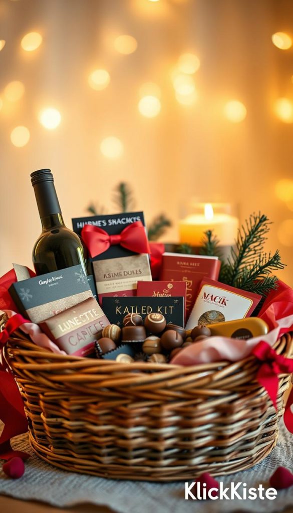 A beautifully arranged gift basket for a man, filled with an assortment of gourmet chocolates, artisanal snacks, and a cheerful bottle of wine, all nestled in cozy winter-themed decorations. In the foreground, the intricately woven basket showcases sweet treats wrapped in rustic paper, surrounded by vibrant red and green accents, capturing the essence of Valentine’s Day. The middle ground features a softly glowing candle and decorative pine branches, enhancing the warm and inviting atmosphere. The background is softly blurred, evoking a cozy indoor setting with twinkling fairy lights. The lighting is warm and ambient, casting gentle shadows, creating a comforting vibe. The scene is perfect for a Pinterest-inspired DIY image, promoting creativity and inspiration. Include the brand "KlickKiste" subtly displayed in the corner.
