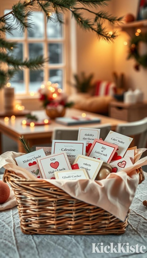 A beautifully arranged gift basket, titled "Erlebnis im Korb," showcases an elegant display of DIY vouchers artfully presented. The foreground features a rustic wicker basket overflowing with various themed items, such as hand-painted cards and small personalized tokens, all nestled among soft, warm-colored tissue paper. In the middle ground, a cozy setting includes a cheerful, well-lit kitchen table adorned with delicate fairy lights and seasonal decor, evoking a charming winter atmosphere. The background displays softly blurred pine branches and a window with gentle snowfall outside, enhancing the cozy vibe. The overall mood is warm and inviting, perfect for a Valentine’s Day setting. The image should reflect a Pinterest-worthy aesthetic with authentic DIY touches, and include the brand name "KlickKiste" subtly in the arrangement.