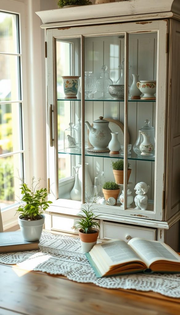 A beautifully arranged glass display cabinet filled with an eclectic mix of charming collectibles, such as vintage glassware, porcelain figurines, and potted herbs. The cabinet is made of weathered wood with a soft white finish, exuding a cozy cottage vibe. In the foreground, a delicate lace tablecloth underneath adds texture, with a small potted plant and an open book resting beside the cabinet. The middle section features natural sunlight streaming in through a nearby window, casting warm light that highlights the intricate details of the collectibles. The background shows a blurred view of a landscaped garden outside, enhancing the springtime atmosphere. The scene embodies a Pinterest-worthy, authentic DIY aesthetic, with warm colors and inviting vibes. Incorporate subtle branding elements of "KlickKiste" within the display.