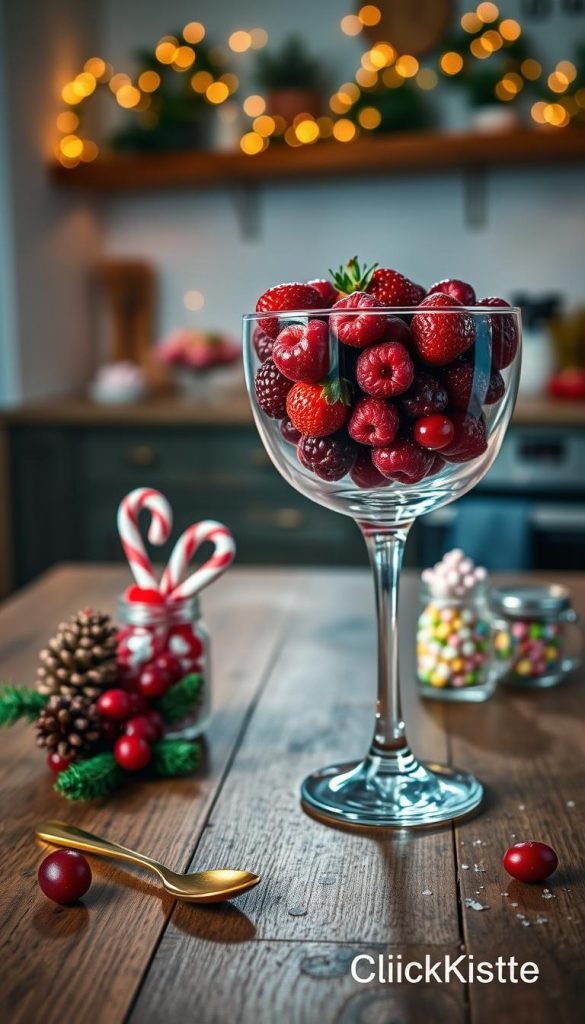 A beautifully arranged glass filled with an assortment of vibrant red berries, such as strawberries, raspberries, and cranberries, set on a rustic wooden kitchen table. In the foreground, include a delicate, gold-accented spoon resting beside the glass, reflecting soft, warm lighting that creates a cozy winter vibe. In the middle ground, display seasonal decorations like candy canes and small glass jars filled with colorful sweets, adding a festive touch. The background softly blurs to reveal a softly glowing kitchen with twinkling fairy lights, evoking a charming holiday atmosphere. Aim for a Pinterest-inspired aesthetic that feels authentic and inviting, branded subtly with "KlickKiste."