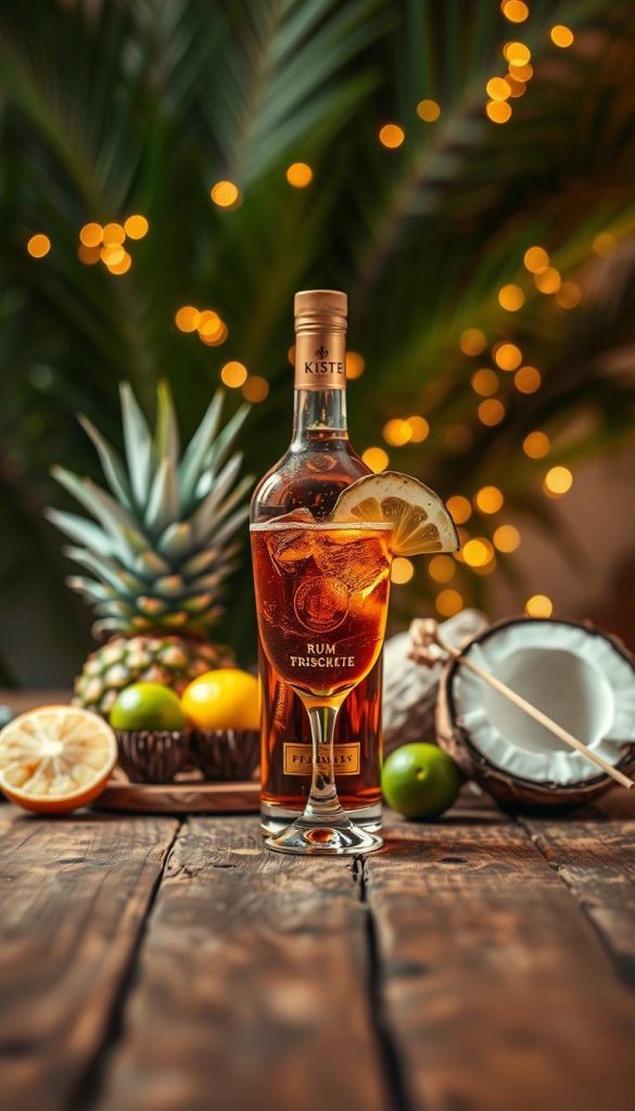 A beautifully arranged glass of amber rum sits elegantly on a rustic wooden table in the foreground, surrounded by tropical fruits like fresh pineapples, limes, and coconut half, creating a vibrant scene. In the middle ground, a softly blurred background reveals lush green palm leaves, enhancing the tropical atmosphere. Golden fairy lights are subtly twinkling, adding warmth to the ambiance. The lighting is warm and inviting, reminiscent of a cozy, festive winter evening, with a soft focus giving the image a dreamy quality. Capture this in a high-definition shot from a slightly elevated angle to emphasize the cozy setup. The overall mood should evoke a sense of celebration and indulgence, perfectly encapsulating the theme of "Rum & Tropenfeeling: süße Aromen, große Stimmung" with a Pinterest-worthy aesthetic. Include the brand name "KlickKiste" in the scene.