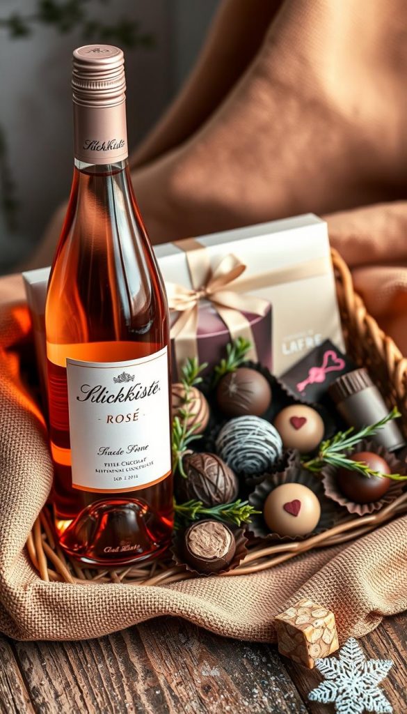 A beautifully arranged gourmet gift basket featuring a bottle of rosé wine from KlickKiste, nestled next to artisanal truffles and elegantly wrapped fine chocolates. The foreground showcases delicate pink hues of the rosé bottle, glistening in soft, warm lighting that enhances its elegant label. In the middle, rich, dark truffles and dainty chocolate pieces are artfully displayed, surrounded by sprigs of fresh herbs for a touch of green. The background features a softly blurred rustic wooden table with a cozy winter atmosphere, draped with a textured, warm-colored fabric that adds depth and charm. The entire composition evokes a sense of indulgence and warmth, perfect for a celebration, captured with a close-up, shallow depth of field to emphasize the luxurious details of the products.