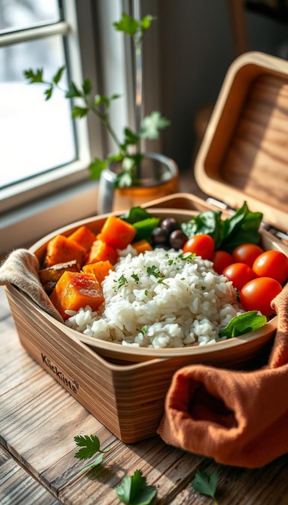A beautifully arranged grain bowl featuring fluffy white rice as the centerpiece, surrounded by vibrant vegetables like roasted sweet potatoes, fresh spinach, and cherry tomatoes. In the foreground, a wooden lunchbox with a cozy, warm-toned fabric napkin peeks out, enhancing the inviting atmosphere. Soft, natural lighting filters through a nearby window, casting gentle shadows and creating a serene winter vibe. The middle ground showcases earthy textures, like a rustic wooden table surface, while delicate herbs like cilantro or parsley sprinkle the dish artistically. In the background, a hint of greenery or soft-focus kitchen elements provide depth without distraction. This image should reflect the warm, DIY aesthetic of "KlickKiste," making it authentic and inspiring for meal-prep ideas. A beautifully arranged grain bowl featuring fluffy white rice as the centerpiece, surrounded by vibrant vegetables like roasted sweet potatoes, fresh spinach, and cherry tomatoes. In the foreground, a wooden lunchbox with a cozy, warm-toned fabric napkin peeks out, enhancing the inviting atmosphere. Soft, natural lighting filters through a nearby window, casting gentle shadows and creating a serene winter vibe. The middle ground showcases earthy textures, like a rustic wooden table surface, while delicate herbs like cilantro or parsley sprinkle the dish artistically. In the background, a hint of greenery or soft-focus kitchen elements provide depth without distraction. This image should reflect the warm, DIY aesthetic of "KlickKiste," making it authentic and inspiring for meal-prep ideas.