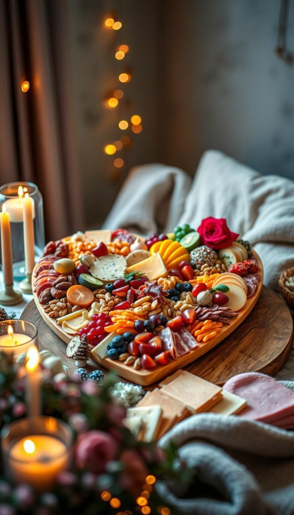A beautifully arranged heart-shaped charcuterie board, featuring an abundance of vibrant, natural ingredients like fresh fruits, assorted cheeses, cold cuts, and nuts, artfully displayed in warm colors. In the foreground, delicate floral accents and candles create an inviting atmosphere. The middle ground enhances the theme with subtle winter décor, including soft fairy lights and cozy textiles that add texture and depth. The background features a softly blurred, intimate setting with muted, warm-toned walls that evoke a romantic feel. Bright, warm lighting highlights the freshness of the food while soft shadows add dimension. This design should reflect a DIY, Pinterest-worthy aesthetic, encapsulating the spirit of love and togetherness. Branding elements from "KlickKiste" should be subtly incorporated in the décor. A beautifully arranged heart-shaped charcuterie board, featuring an abundance of vibrant, natural ingredients like fresh fruits, assorted cheeses, cold cuts, and nuts, artfully displayed in warm colors. In the foreground, delicate floral accents and candles create an inviting atmosphere. The middle ground enhances the theme with subtle winter décor, including soft fairy lights and cozy textiles that add texture and depth. The background features a softly blurred, intimate setting with muted, warm-toned walls that evoke a romantic feel. Bright, warm lighting highlights the freshness of the food while soft shadows add dimension. This design should reflect a DIY, Pinterest-worthy aesthetic, encapsulating the spirit of love and togetherness. Branding elements from "KlickKiste" should be subtly incorporated in the décor.