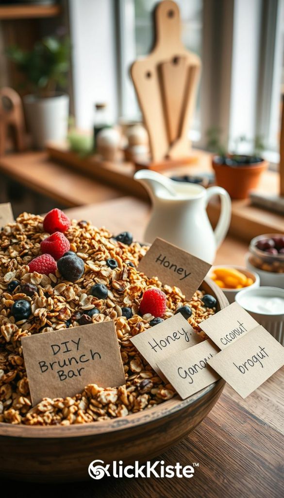 A beautifully arranged homemade granola spread, showcasing clusters of oats, nuts, and dried fruits in a rustic wooden bowl. The foreground features labels made of kraft paper for a DIY brunch bar, emphasizing a warm, inviting atmosphere. In the middle, ingredients like honey, coconut flakes, and seeds are artfully scattered around, blending with a few fresh berries. A charming ceramic pitcher filled with milk and a small dish of yogurt are nearby, enhancing the brunch vibe. The background includes a softly lit kitchen with natural wood elements and potted herbs, evoking cozy winter vibes. Warm, diffused lighting creates a gentle glow, ideal for a Pinterest-worthy look. The image reflects the essence of ease and inspiration for a stress-free brunch, branded subtly with "KlickKiste."
