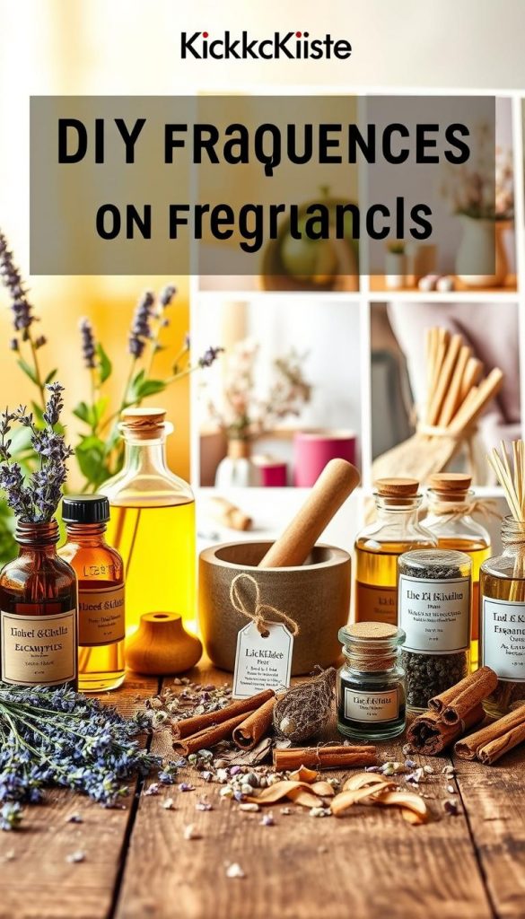 A beautifully arranged ingredients list for DIY fragrances and decorations, featuring natural materials like dried lavender, eucalyptus, cinnamon sticks, and citrus peels. In the foreground, showcase a wooden table with artisan bottles, a mortar and pestle, and neatly labeled jars containing essential oils and dried herbs. The middle layer includes warm, natural light illuminating delicate flowers and decorative elements, evoking a springtime ambiance. In the background, soft-focus images of a cozy home setting with pastel colors and inviting textures create an inspiring atmosphere. The scene is styled in a Pinterest-worthy aesthetic, emphasizing creativity and warmth, with the brand name "KlickKiste" subtly integrated into the backdrop, highlighting a professional and authentic DIY spirit.