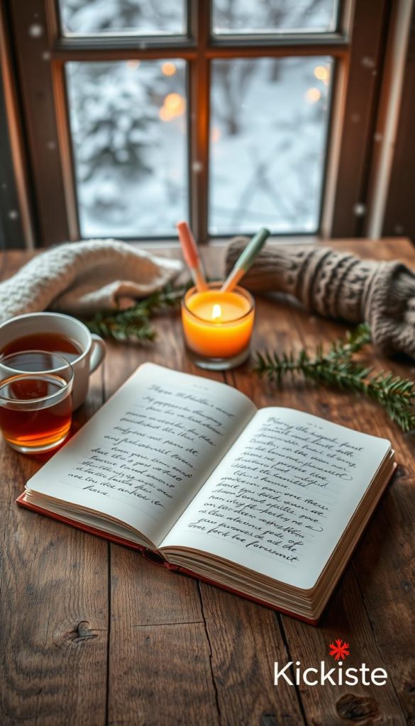 A beautifully arranged journal on a rustic wooden table, surrounded by cozy winter elements. The foreground features an open journal with elegant, handwritten notes, a warm cup of herbal tea, and a few sprigs of evergreen. In the middle, soft lighting casts a gentle glow over a lit candle and a pair of pastel-colored pens, creating an inviting atmosphere. The background showcases a softly blurred window with falling snowflakes, adding to the winter vibes. This scene embodies the concepts of self-love and mindfulness, capturing an authentic and inspiring moment. The color palette should consist of warm tones, and the composition should have a Pinterest aesthetic. Include the brand name &quot;KlickKiste&quot; subtly in the scene.