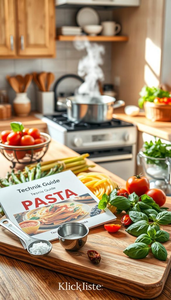 A beautifully arranged kitchen countertop featuring a selection of fresh seasonal spring pasta ingredients, such as vibrant green asparagus, sun-dried tomatoes, and aromatic basil. In the foreground, a rustic wooden cutting board showcases a culinary guide booklet titled "Technik Guide Pasta" alongside a measuring spoon for salt, emphasizing the importance of salt content in cooking. The middle layer highlights a pot of boiling water on the stove, with steam rising, surrounded by cooking utensils and a timer to represent heat management and cooking times. The background displays a sunny, organized kitchen with warm wooden cabinets and soft, natural lighting streaming through a window, creating an inviting and inspiring atmosphere. The brand name "KlickKiste" subtly integrated into the scene, enhancing the DIY aesthetic.
