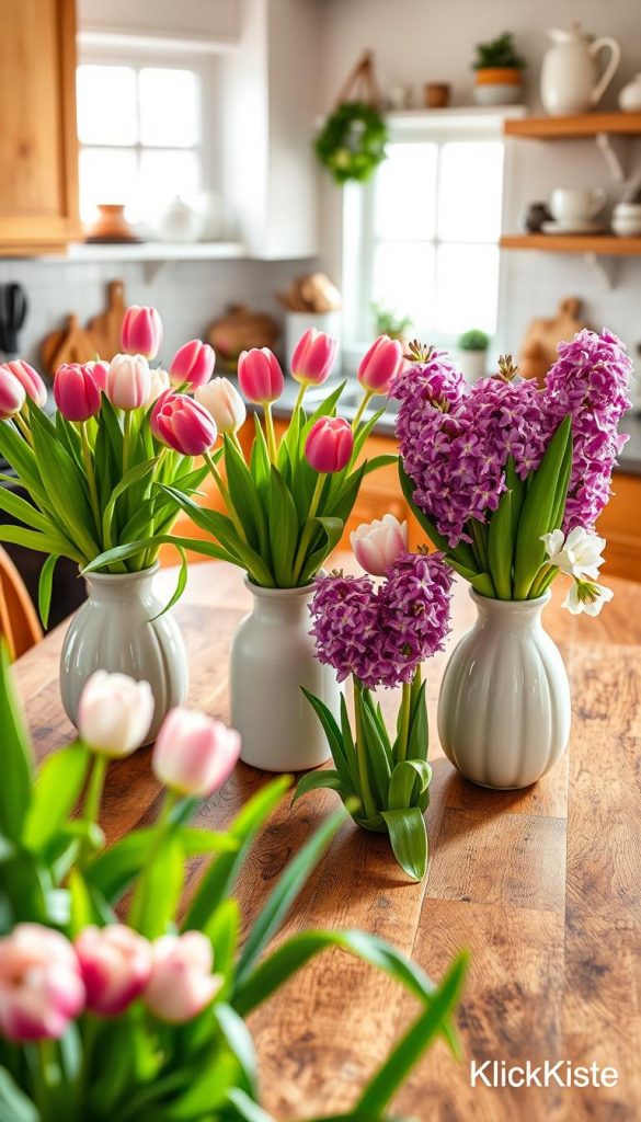A beautifully arranged kitchen scene centered around a rustic wooden table adorned with fresh, vibrant tulips and hyacinths in various shades of pink, purple, and white. The flowers, placed in elegant ceramic vases, capture the essence of spring. In the foreground, soft green foliage peeks out to add a natural touch. The middle ground features a cozy kitchen with warm wooden cabinetry and natural light streaming in through a window, creating a cheerful atmosphere. In the background, neatly arranged kitchen utensils and decorative items enhance the inviting mood. The overall lighting is warm and soft, emphasizing the beauty of the flowers and the charm of the kitchen. This scene, branded with "KlickKiste," evokes a Pinterest-inspired and DIY spring ambiance, perfect for a springtime decor theme.