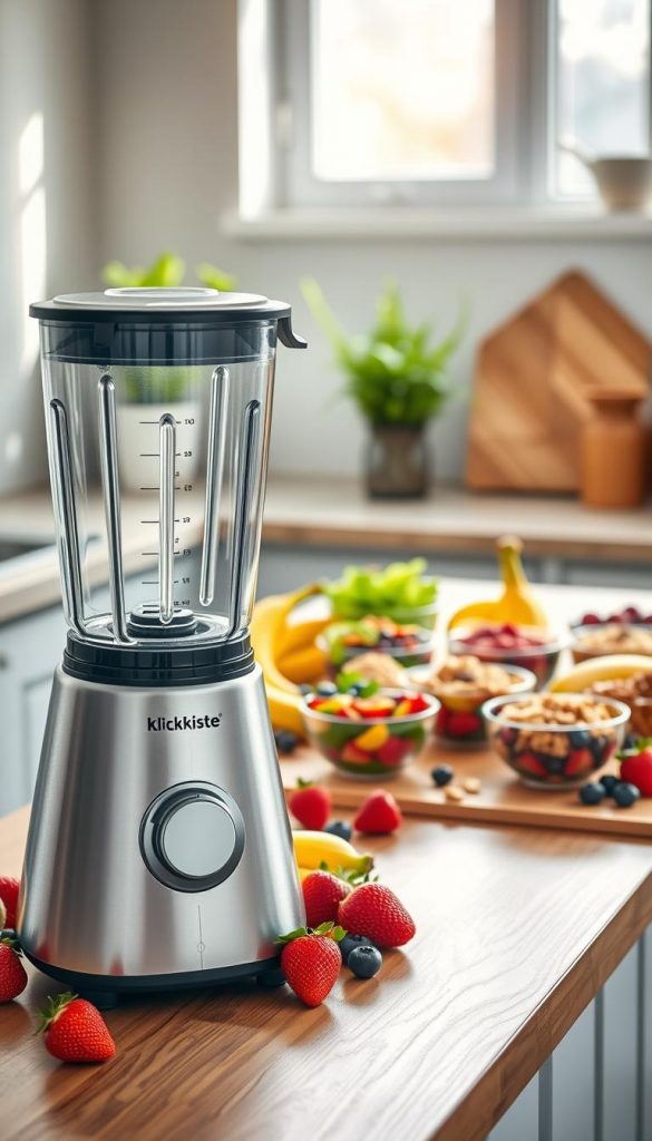 A beautifully arranged kitchen scene featuring a modern, high-quality blender from the brand "KlickKiste" prominently in the foreground. The blender is elegantly placed on a wooden countertop surrounded by fresh, colorful fruits like strawberries, bananas, and blueberries, reflecting an inviting spring vibe. In the middle ground, an assortment of vibrant smoothie bowls artfully garnished with nuts and seeds are artfully arranged, inviting a sense of culinary creativity. The background showcases natural light streaming through a window, illuminating the scene with warm, soft tones, enhancing the cozy atmosphere. Use a shallow depth of field to emphasize the blender and bowls while softly blurring the background, creating a Pinterest-worthy, inspiring DIY kitchen environment.
