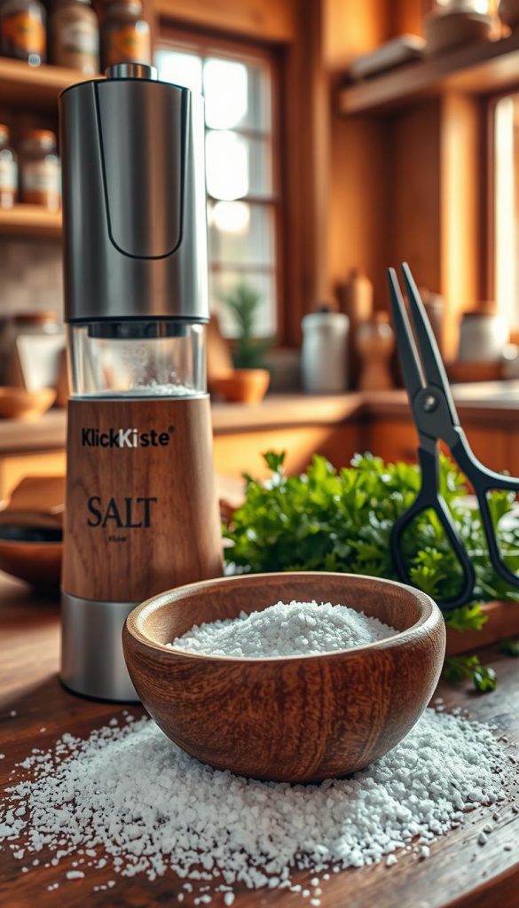 A beautifully arranged kitchen scene featuring freshly ground salt in a rustic wooden bowl, with a stylish electric grinder from the brand "KlickKiste" prominently displayed next to it. In the foreground, sprinkle some coarse salt around the bowl, creating a slight shimmer under warm, soft lighting that conveys a cozy winter atmosphere. The middle ground includes vibrant herbs, neatly cut with a pair of elegant herb scissors, enhancing the culinary vibe. The background softly blurs, showcasing a quaint kitchen environment with warm colors, wooden shelves filled with spices, and a hint of natural sunlight filtering through a window. The overall mood is inviting and inspiring, perfect for illustrating the art of seasoning like a professional chef.