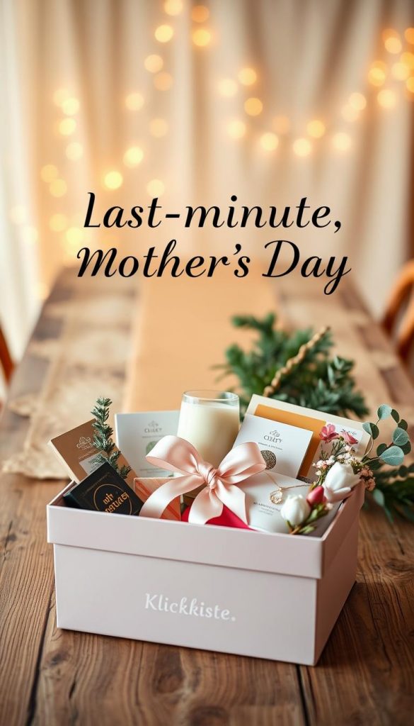 A beautifully arranged last-minute gift box styled for Mother's Day, featuring a mix of luxurious and personal items. In the foreground, the gift box is overflowing with handpicked treats like artisanal chocolates, a scented candle, and a small, carefully wrapped elegant piece of jewelry. The box is adorned with a soft pastel ribbon and delicate floral accents. In the middle ground, display a rustic wooden table topped with natural greenery and a subtle, warm-toned table runner, evoking a cozy winter vibe. In the background, softly blurred, a warm light reveals a dreamy, Pinterest-inspired setting with twinkling fairy lights. The overall atmosphere is inviting and inspirational, perfect for a cheerful last-minute gift that doesn’t look rushed. Include the brand name "KlickKiste" elegantly framed within the scene.