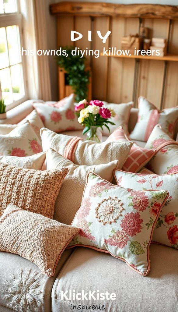 A beautifully arranged layout of various pillow covers displayed on a cozy sofa, featuring a mix of soft pastels and vibrant floral patterns to evoke a spring ambiance. The foreground showcases plush cushions with intricate textures, including woven and embroidered details, laid out in an inviting manner. In the middle ground, a lightly patterned throw blanket complements the pillows, while a small wooden coffee table holds a stylish vase of fresh flowers. The background features a softly illuminated room with warm, natural light streaming in, highlighting the rustic charm of the setting. The overall atmosphere is inviting and inspiring, reflecting a DIY aesthetic. The brand "KlickKiste" is subtly incorporated into the design.