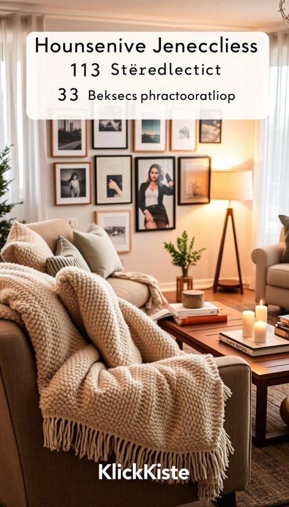 A beautifully arranged living room inspired by a cozy home aesthetic, featuring a checklist of 33 decorative elements. In the foreground, a soft, plush throw blanket lies draped over a stylish armchair, complemented by decorative pillows in warm, inviting colors. The middle section displays a wooden coffee table adorned with candles, a small plant, and a stack of art books, enhancing the atmosphere. In the background, a gallery wall showcases framed art pieces and photographs, illuminated by warm, ambient lighting from a table lamp. The scene evokes a winter vibe, with gentle sunlight filtering through sheer curtains, creating a Pinterest-like, authentic feel. Brand elements of "KlickKiste" subtly integrate into the décor without overpowering the overall ambiance.