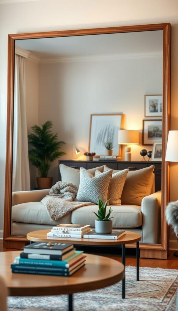 A beautifully arranged living room scene featuring a stylish, large mirror that reflects a cozy, inviting atmosphere. In the foreground, the mirror is elegantly framed with natural wood, embodying a warm, rustic charm. The middle layer includes a comfortable sofa adorned with soft cushions and a tasteful throw, alongside a decorative coffee table holding a few aesthetically pleasing books and a small potted plant. In the background, soft golden lighting emanates from strategically placed lamps, creating a cozy winter ambiance. The walls are decorated with subtle art pieces, adding character to the space. The overall mood is both inspiring and authentic, showcasing a budget-friendly yet elegant living room design. Perfectly embodying the "KlickKiste" style, this image celebrates optical tricks to enhance space and light in a home.