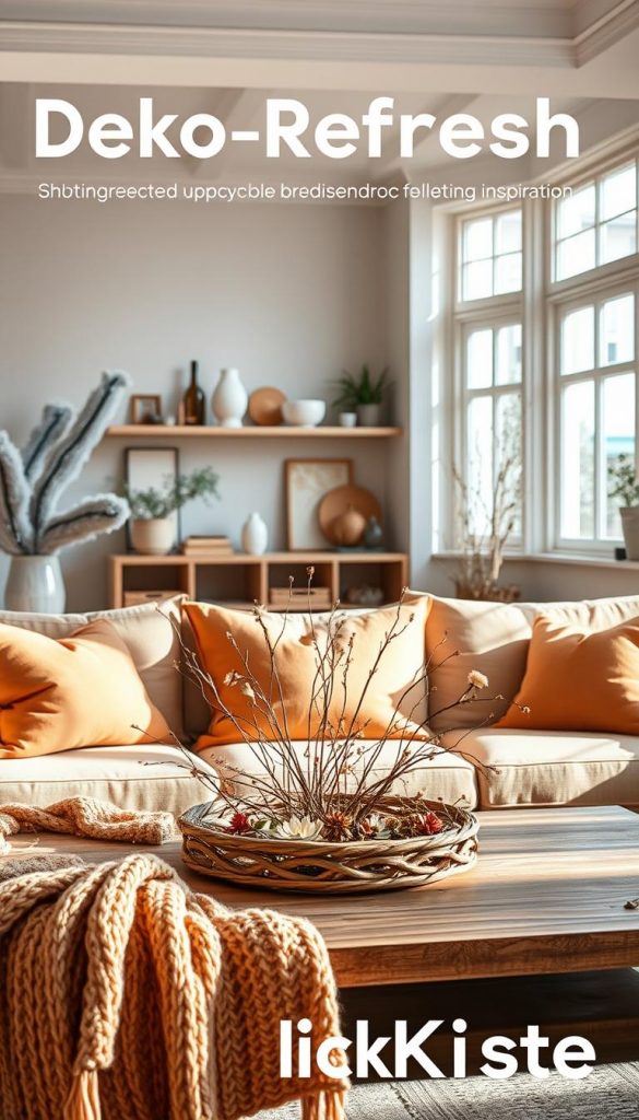 A beautifully arranged living room showcasing a "Deko-Refresh" concept. In the foreground, a cozy sofa adorned with warm-toned throw pillows and a soft, knitted blanket. A handcrafted coffee table displays a charming DIY centerpiece made of natural materials, like twigs and flowers, embodying a Pinterest-inspired aesthetic. The middle section features a bright, open space with wooden shelves that hold upcycled decorative items, embracing a sustainable vibe. In the background, large windows allow natural light to flood the room, enhancing the warm color palette. The atmosphere is inviting and fresh, perfect for spring cleaning inspiration. The image incorporates subtle winter elements, creating a harmonious blend of seasons. Brand name “KlickKiste” integrated into the decor without overt branding.