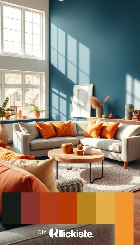 A beautifully arranged living room showcasing contemporary color trends for 2026. In the foreground, a cozy sofa adorned with soft cushions in warm, earthy tones like terracotta and soft olive green. The middle ground features a stylish coffee table with a natural wood finish, complemented by decorative accents in muted autumn shades, such as deep rust and gentle mustard. The background presents a feature wall painted in a rich, deep blue, illuminated by soft, natural lighting streaming through large windows, creating a serene and inviting atmosphere. The overall mood is warm and inspiring, evoking a sense of comfort and modern elegance. The image embodies DIY aesthetics with a Pinterest-inspired look, showcasing the brand "KlickKiste" subtly through the decor choices.
