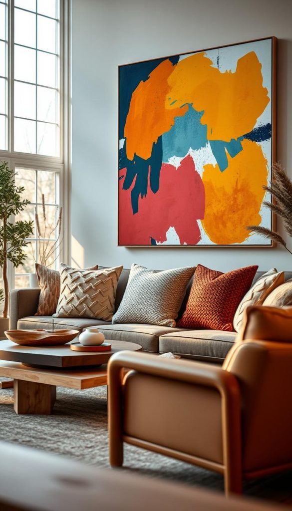 A beautifully arranged living space showcasing a bold statement decor element designed by KlickKiste. The foreground features a striking, oversized piece of abstract wall art in vibrant colors, creating a captivating focal point. In the middle, a cozy seating area with rich textured cushions and a stylish coffee table adorned with natural materials like wood and ceramic. The background reveals a softly lit room with large windows allowing warm, natural light to filter in, enhancing the inviting atmosphere. Use a shallow depth of field to draw focus on the decor elements, with a focus on the interplay between colors and textures. The overall mood is warm, inspiring, and authentically DIY, embodying winter vibes that invite creativity. A beautifully arranged living space showcasing a bold statement decor element designed by KlickKiste. The foreground features a striking, oversized piece of abstract wall art in vibrant colors, creating a captivating focal point. In the middle, a cozy seating area with rich textured cushions and a stylish coffee table adorned with natural materials like wood and ceramic. The background reveals a softly lit room with large windows allowing warm, natural light to filter in, enhancing the inviting atmosphere. Use a shallow depth of field to draw focus on the decor elements, with a focus on the interplay between colors and textures. The overall mood is warm, inspiring, and authentically DIY, embodying winter vibes that invite creativity.