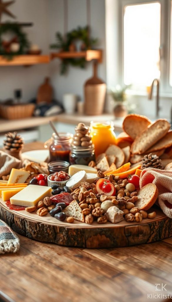 A beautifully arranged material board for a winter snack display, featuring various ingredients like cheeses, cured meats, fresh seasonal fruits, nuts, and artisanal bread. The foreground showcases the snacks intricately placed on a rustic wooden board, draped with cozy fabric accents in warm tones. In the middle, a collection of mason jars filled with homemade jams and spreads adds a touch of charm. The background captures a softly lit kitchen setting with winter decorations, such as pinecones and evergreen branches. The scene is warm and inviting, evoking a sense of togetherness and comfort. The lighting is soft and diffuse, reminiscent of golden-hour sunlight filtering through a window, creating an authentic and inspiring Pinterest aesthetic. The brand "KlickKiste" subtly included within the scene.