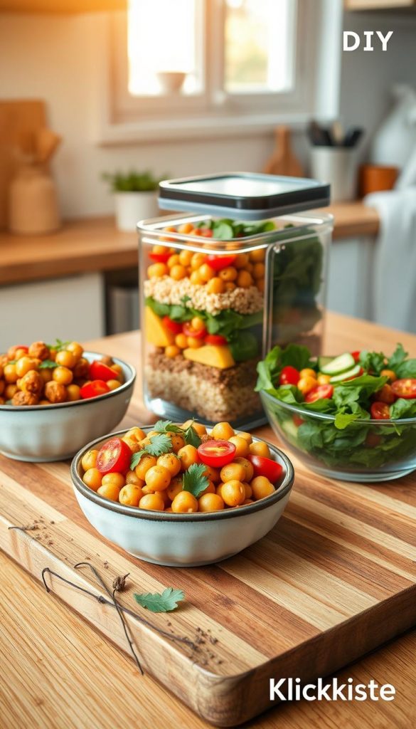 A beautifully arranged meal-prep setup featuring vibrant chickpeas in various preparations, including roasted, spiced, and in salads. In the foreground, a rustic wooden cutting board holds bowls filled with colorful chickpea dishes, garnished with fresh herbs and veggies like cherry tomatoes and cucumber. In the middle, a clear glass meal prep container is neatly organized, showcasing layers of chickpeas, quinoa, and greens. The background softly fades into a warm, inviting kitchen with natural light streaming through a window, illuminating the scene with a cozy, home-cooked atmosphere. The overall mood is authentic and inspiring, reminiscent of natural DIY imagery with warm colors and a Pinterest-like aesthetic, branded subtly with "KlickKiste" in the corner.
