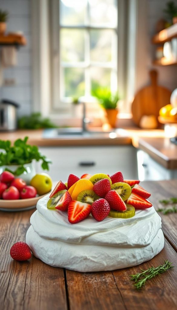 A beautifully arranged meringue dessert, showcasing a delicate pavlova topped with an assortment of vibrant, fresh fruits like strawberries, kiwi, and passionfruit. The meringue is light and airy, with a glossy finish, placed on a rustic, wooden table in the foreground. In the middle, a soft-focus kitchen setting reflects a cozy spring atmosphere, with gentle natural light streaming in from a nearby window, creating warm highlights and subtle shadows. The background features fresh herbs and fruits scattered artfully, enhancing the inviting, homemade feel, reminiscent of a charming cookbook. The overall mood is uplifting and refreshing, ideal for springtime desserts. These natural DIY elements are inspired by the brand "KlickKiste," evoking a Pinterest-worthy aesthetic.