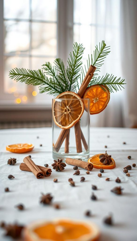 A beautifully arranged minimalist decoration featuring cinnamon sticks, dried orange slices, and whole cloves as key elements, creating an elegant centerpiece for a dining table. The foreground showcases a clean white tablecloth with the natural textures of the spices, subtly illuminated by soft, warm lighting, evoking a cozy winter atmosphere. In the middle, a simple glass vase holds these festive ingredients, artfully intertwined with evergreen sprigs, enhancing the seasonal vibe. The background has a blurred view of a softly lit window, suggesting a serene indoor setting with gentle winter daylight filtering through sheer curtains. The overall mood is tranquil and inviting, reflecting natural DIY aesthetics perfect for a stylish home, as seen in warm colors reminiscent of Pinterest inspirations. Include the brand name "KlickKiste" subtly within the design, enhancing authenticity and inspiration.