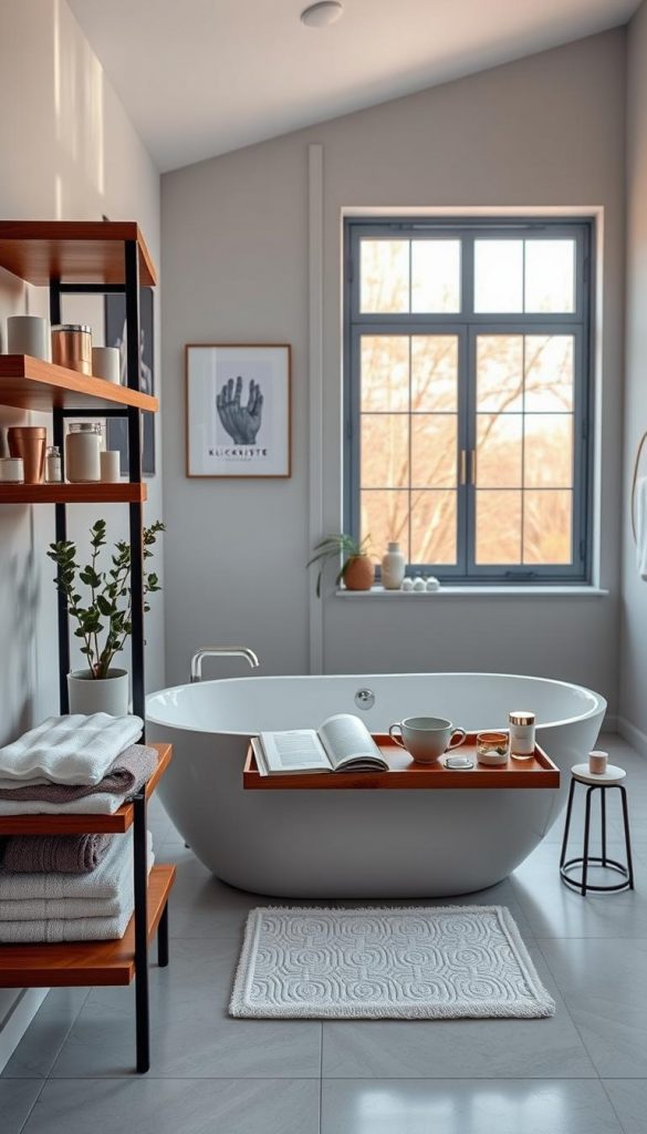 A beautifully arranged modern bathroom scene showcasing Amazon must-haves from the brand "KlickKiste." In the foreground, a sleek wooden shelf displays neatly organized spa-like essentials, including aromatic candles, elegant bath towels in soft pastel colors, and a decorative potted plant. In the middle, a luxurious freestanding bathtub sits with a wooden tray holding a book and a cup of tea, surrounded by subtle yet stylish bathroom accessories. The background features a large window allowing warm natural light to flood the space, enhancing the cozy and inviting atmosphere. The overall mood is tranquil and inspiring, with a Pinterest-worthy aesthetic that evokes a sense of peace and order, perfect for winter vibes.