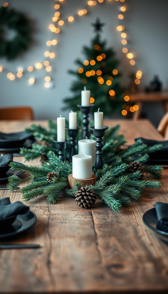 A beautifully arranged modern table setting for Christmas, highlighting black, wood, and pine green elements. In the foreground, a rustic wooden table is adorned with elegant black tableware, including plates and cutlery, complemented by deep green pine branches and small decorative pine cones. The middle ground features a stylish centerpiece: a mix of black and wooden candle holders with white candles, creating a warm glow. In the background, softly blurred festive decorations, like twinkling fairy lights, enhance the winter vibe. The scene is bathed in warm, natural lighting, with a cozy atmosphere that feels inviting and authentic. Inspired by a Pinterest aesthetic, this image is a perfect representation of holiday décor from the brand "KlickKiste."