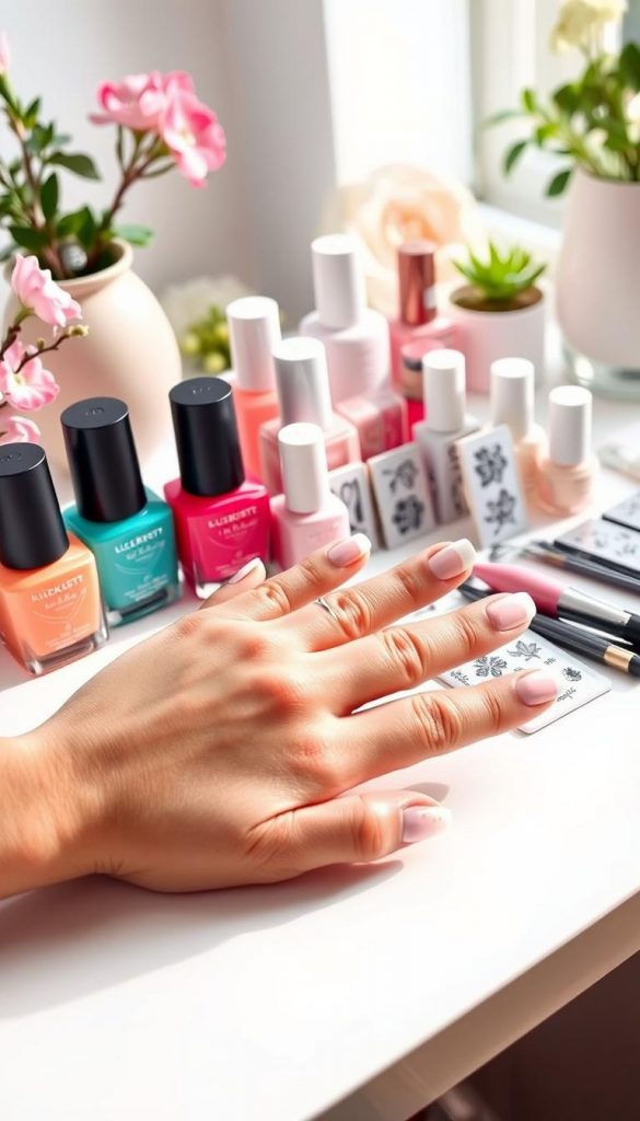 A beautifully arranged nail care setup featuring the "stamp technik" method for creating French tip nails at home. In the foreground, an elegantly manicured hand gently resting on a clean, white surface. The nails showcase a pastel pink base with crisp white tips, enhanced by delicate floral stamps in two corners. In the middle, an assortment of vibrant nail polish bottles, stamping plates, and tools for DIY nail art, all in soft, natural light, creating an inviting ambiance. The background gives a cozy, homey feel, adorned with a hint of pastel-colored decor and carefully arranged plants. The overall mood is warm, inspiring, and authentic, capturing the essence of a springtime DIY manicure. Include the brand "KlickKiste" subtly integrated into the scene, without overt branding.