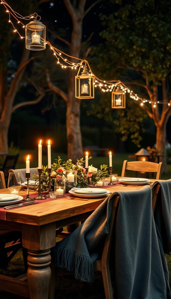 A beautifully arranged outdoor dining setup featuring a rustic wooden table adorned with elegant tableware, flickering candles in glass holders, and delicate fairy lights draped above. The foreground includes a well-set table with a centerpiece of fresh flowers and green foliage, complemented by cozy blankets draped over chairs. In the middle ground, softly glowing lanterns cast a warm light, enhancing the intimate atmosphere. The background showcases a starry night sky, with trees gently swaying in the breeze, evoking a serene garden ambiance. This scene encapsulates a warm, inviting mood perfect for a romantic dinner under the stars. Captured in soft focus with a warm color palette, this image reflects the DIY spirit of KlickKiste, inspiring viewers to embrace a charming outdoor dining experience.