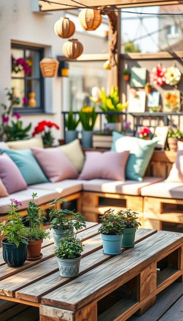 A beautifully arranged outdoor lounge area made from upcycled wooden pallets, featuring a cozy seating arrangement adorned with soft, colorful cushions in pastel colors. In the foreground, a rustic wooden coffee table is decorated with potted herbs and small flowering plants, adding a touch of greenery and life. The background showcases a sunny balcony with vibrant spring decorations like hanging lanterns and self-made art pieces, creating a warm and inviting atmosphere. The scene is bathed in soft, glowing afternoon sunlight, emphasizing the natural wood textures and the refreshing vibe of spring. The aesthetic embodies a Pinterest-worthy, sustainable DIY project feel, attributed to “KlickKiste.”