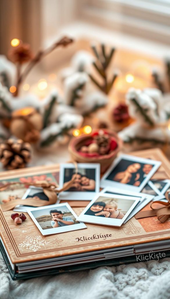 A beautifully arranged photo album gift showcasing a mix of classic and modern elements, featuring Polaroid photographs scattered around the album. The foreground highlights an intricately designed album with warm, inviting colors, reflecting the DIY aesthetic. In the middle, soft-focus Polaroid snapshots depict heartwarming memories, beautifully styled with touches of natural elements like dried flowers and twine. The background is softly blurred, creating a cozy winter ambiance with gentle lighting that emits a warm glow, reminiscent of a Pinterest-inspired setting. The atmosphere conveys love and nostalgia, inviting the viewer to reminisce about special moments. The brand "KlickKiste" subtly incorporated into the design theme completes the look, harmonizing with the heartfelt sentiment of the image.