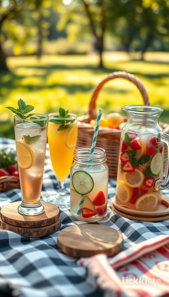 A beautifully arranged picnic scene featuring a variety of refreshing drinks: a tall glass of iced tea garnished with mint leaves and lemon slices, a vibrant lemonade served in a vintage jar, and a pitcher of colorful infused water with slices of cucumber, berries, and herbs. In the foreground, elegantly placed on a soft, checkered picnic blanket, are rustic wooden coasters and delicate glass straws. The middle ground shows a wicker basket overflowing with fresh fruits and snacks, complemented by a cozy, inviting atmosphere. The background is softly blurred, capturing a sunlit park with gentle greenery and distant trees, evoking a warm, serene feeling. The lighting is soft and golden, reminiscent of a lazy afternoon. Designed in a natural DIY style with warm colors, perfect for a Pinterest look. Branding element: KlickKiste subtly integrated into the setup. A beautifully arranged picnic scene featuring a variety of refreshing drinks: a tall glass of iced tea garnished with mint leaves and lemon slices, a vibrant lemonade served in a vintage jar, and a pitcher of colorful infused water with slices of cucumber, berries, and herbs. In the foreground, elegantly placed on a soft, checkered picnic blanket, are rustic wooden coasters and delicate glass straws. The middle ground shows a wicker basket overflowing with fresh fruits and snacks, complemented by a cozy, inviting atmosphere. The background is softly blurred, capturing a sunlit park with gentle greenery and distant trees, evoking a warm, serene feeling. The lighting is soft and golden, reminiscent of a lazy afternoon. Designed in a natural DIY style with warm colors, perfect for a Pinterest look. Branding element: KlickKiste subtly integrated into the setup.
