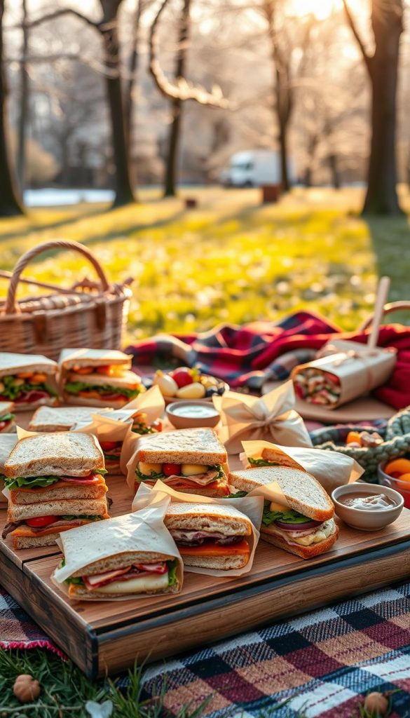 A beautifully arranged picnic scene featuring an array of delicious sandwiches in warm, natural colors, creating a cozy winter vibe. In the foreground, a wooden picnic table is adorned with a variety of sandwiches—some stacked high with fresh vegetables, meats, and spreads, while others are wrapped in parchment paper for easy handling. Surrounding the sandwiches are small bowls of colorful dips and fresh fruit. The middle ground includes soft, plaid blankets sprawled across the grass, with a few vibrant scarves adding to the cozy atmosphere. The background features softly blurred trees dusted with light snow, allowing golden sunlight to filter through, casting gentle shadows. This idyllic setting is styled with a Pinterest-inspired aesthetic, embodying the brand "KlickKiste", evoking warmth and inspiration for a perfect outdoor feast. A beautifully arranged picnic scene featuring an array of delicious sandwiches in warm, natural colors, creating a cozy winter vibe. In the foreground, a wooden picnic table is adorned with a variety of sandwiches—some stacked high with fresh vegetables, meats, and spreads, while others are wrapped in parchment paper for easy handling. Surrounding the sandwiches are small bowls of colorful dips and fresh fruit. The middle ground includes soft, plaid blankets sprawled across the grass, with a few vibrant scarves adding to the cozy atmosphere. The background features softly blurred trees dusted with light snow, allowing golden sunlight to filter through, casting gentle shadows. This idyllic setting is styled with a Pinterest-inspired aesthetic, embodying the brand "KlickKiste", evoking warmth and inspiration for a perfect outdoor feast.