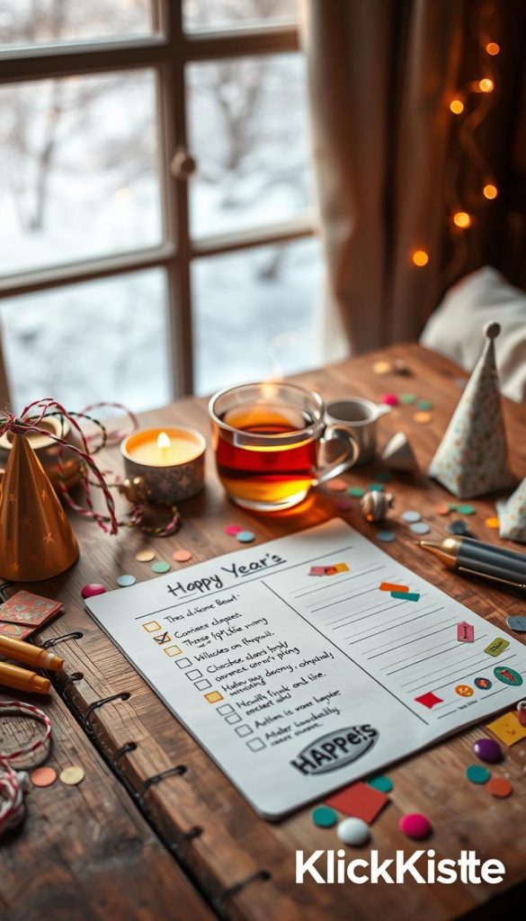 A beautifully arranged planning checklist scene for a DIY New Year's Eve party, set against a cozy, softly lit background. In the foreground, a rustic wooden table displays a neatly organized, handwritten checklist on a decorative notepad, complete with colorful pens and stickers. Surrounding the notepad, there are materials like streamers, confetti, and small party hats, all exuding warm winter vibes. In the middle, a steaming cup of herbal tea sits beside a candle, creating a welcoming atmosphere. The background features a softly blurred window with gentle snowfall outside, enhancing the winter ambiance. The entire image has a Pinterest-inspired aesthetic, radiating warmth and authenticity, showcasing the brand name "KlickKiste" subtly integrated into the scene.