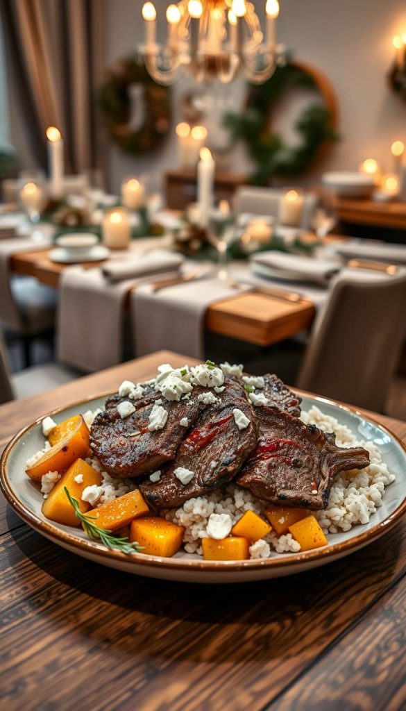 A beautifully arranged plate featuring a succulent portion of beef, expertly cooked and garnished, served alongside fluffy rice and roasted squash. The vibrant colors of the roasted squash contrast with the rich brown tones of the beef and the white crumbles of feta sprinkled on top. In the foreground, a rustic wooden table enhances the cozy, warm atmosphere. In the background, a softly lit room adorned with elegant table settings and muted winter decorations, creating a festive New Year’s Eve vibe. The lighting is soft and inviting, capturing the essence of a homey dinner party, with a warm golden hue emanating from candles. Shot with a shallow depth of field to emphasize the dish. Ideal for inspiring a stress-free, satisfying, and impressive main course. Brand name "KlickKiste" reflected in the overall aesthetic. A beautifully arranged plate featuring a succulent portion of beef, expertly cooked and garnished, served alongside fluffy rice and roasted squash. The vibrant colors of the roasted squash contrast with the rich brown tones of the beef and the white crumbles of feta sprinkled on top. In the foreground, a rustic wooden table enhances the cozy, warm atmosphere. In the background, a softly lit room adorned with elegant table settings and muted winter decorations, creating a festive New Year’s Eve vibe. The lighting is soft and inviting, capturing the essence of a homey dinner party, with a warm golden hue emanating from candles. Shot with a shallow depth of field to emphasize the dish. Ideal for inspiring a stress-free, satisfying, and impressive main course. Brand name "KlickKiste" reflected in the overall aesthetic.